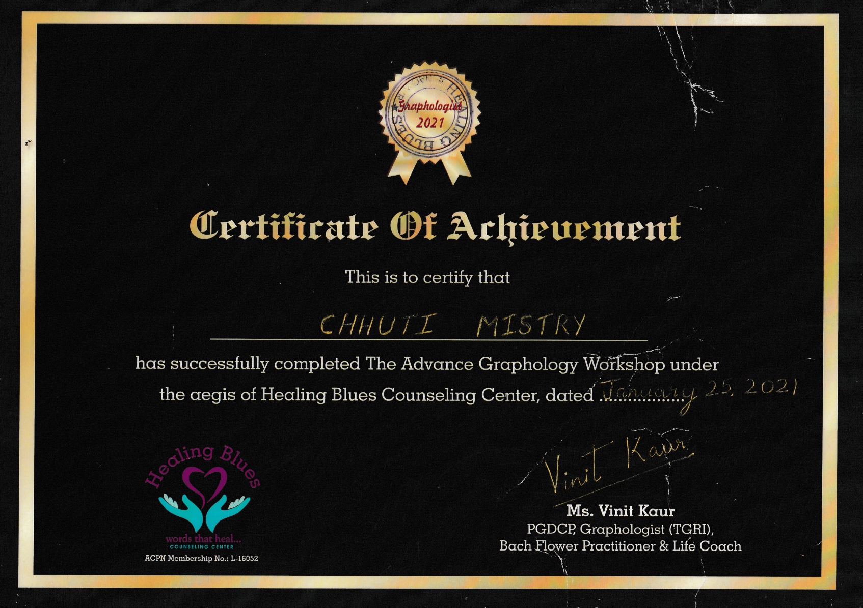 Certificate from Healing Blues